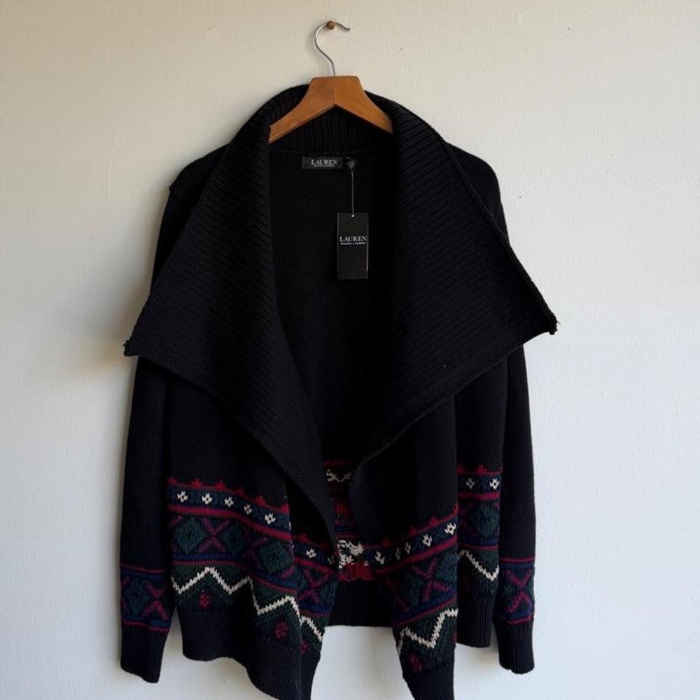 Ralph Lauren black cotton wool cardigan geometric pattern on the hem and cuffs